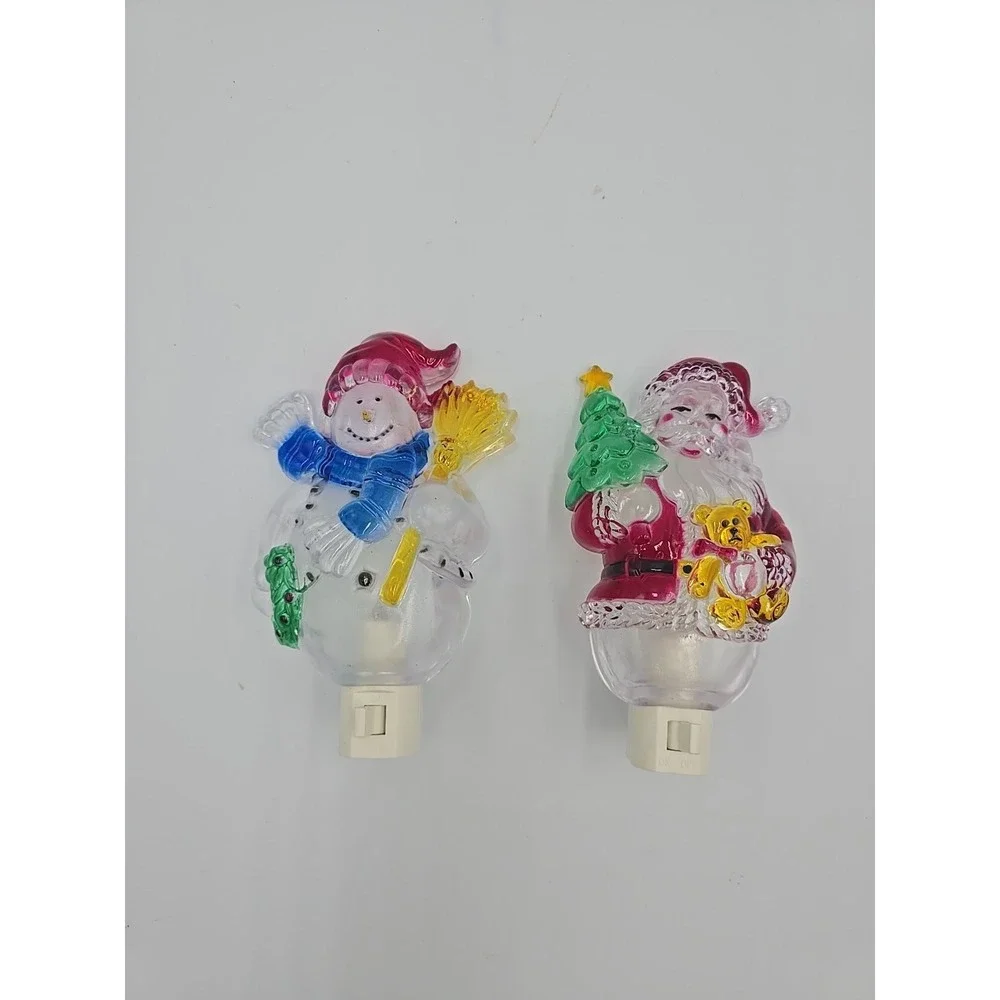 Vtg CHRISTMAS SANTA SNOWMAN‎ ACRYLIC VINTAGE NIGHT LIGHTS HOLIDAY DECOR PLUG IN
